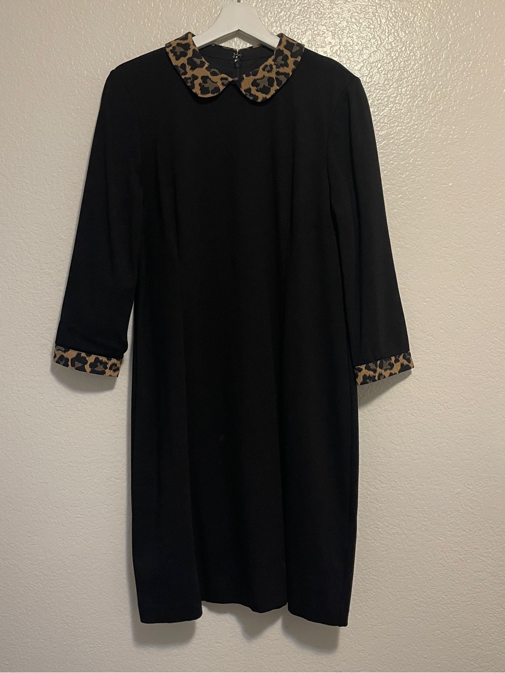 Talbots Black Long-Sleeve Shift Dress with Leopard Trim